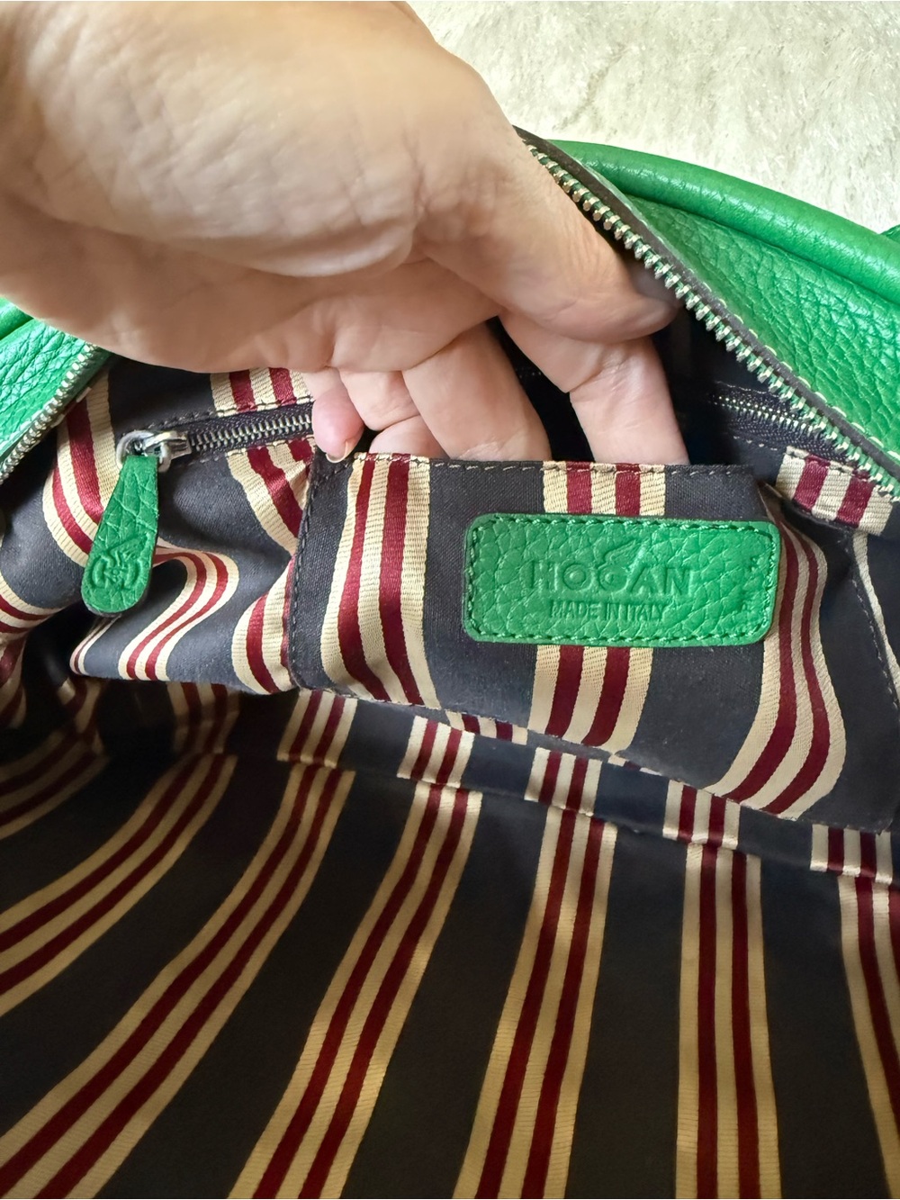 HOGAN Kelly Green Leather Dome Satchel Bag w Knots &Loop Details Silver Hardware - Picture 6 of 16